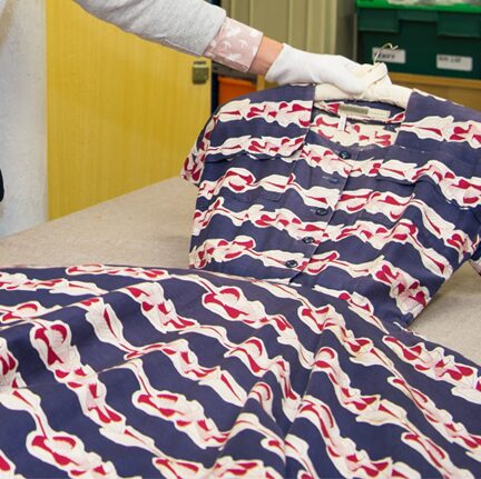 A navy, white and red dress.