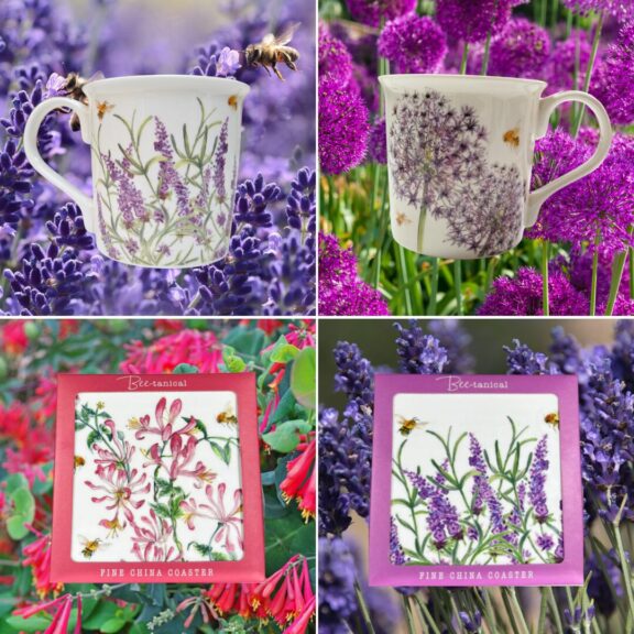 A collage consisting of two mugs and two coasters, all decorated with flowers.