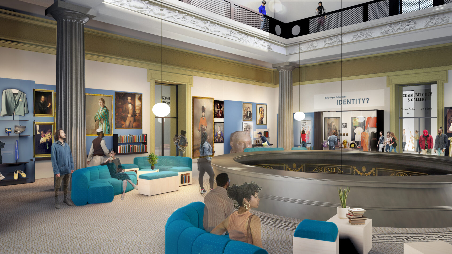 Image of people sat on plush blue seating and interacting with The Harris collections in large display cases.