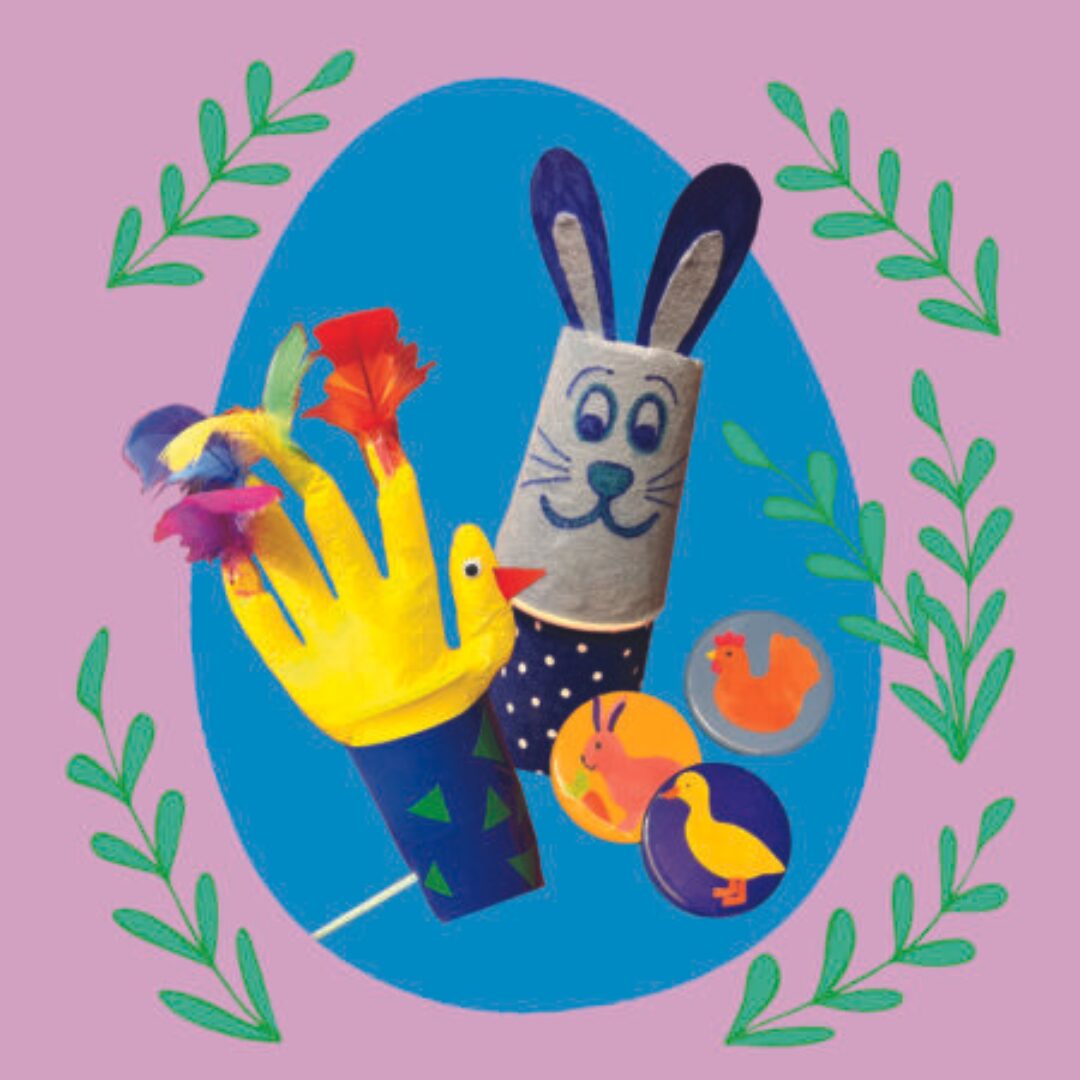 Rabbit and chicken puppet on a colourful background.
