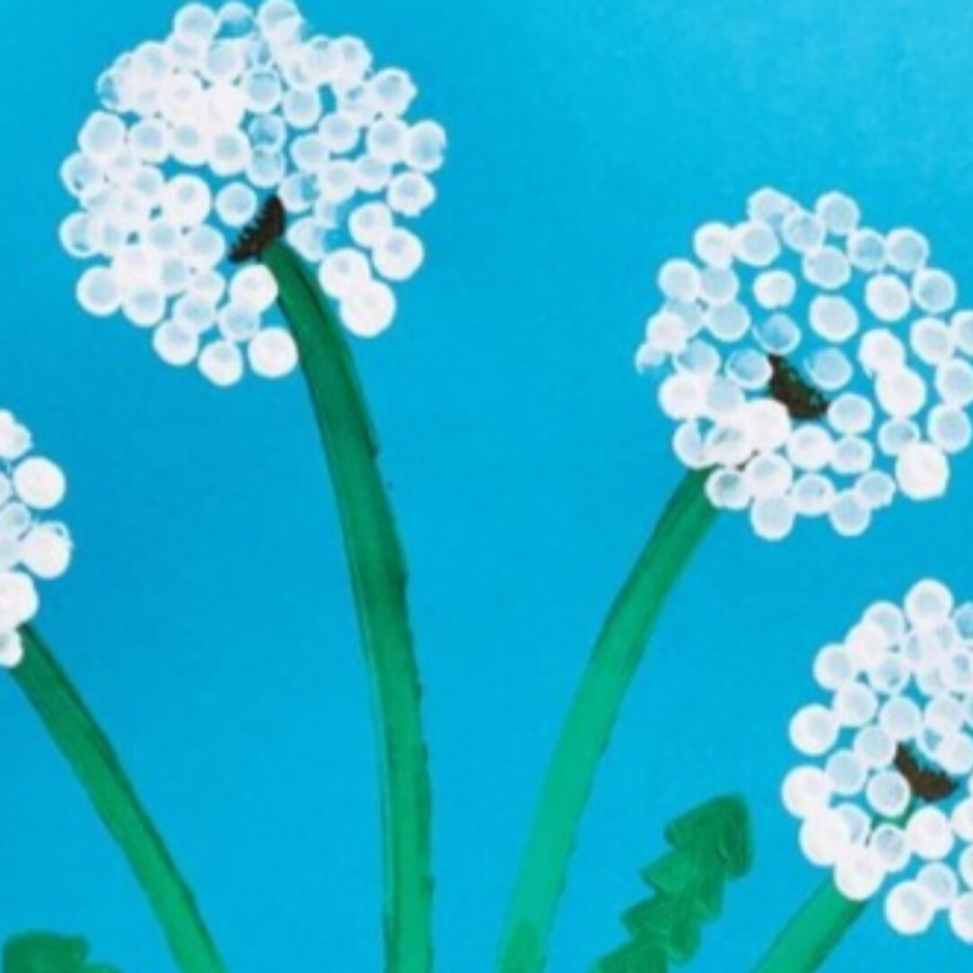 White painting flowers on a blue background.