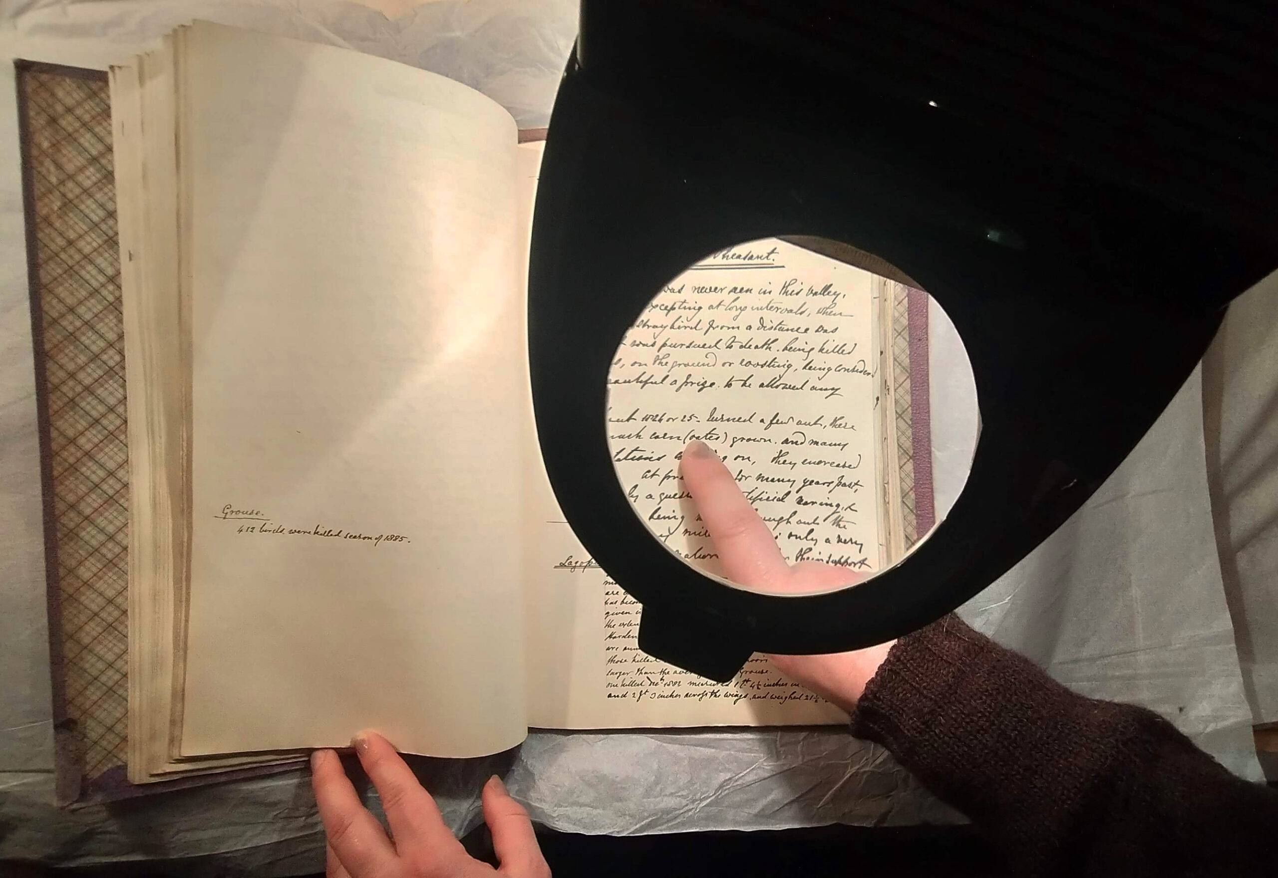 A magnifying glass is held over a historic book.