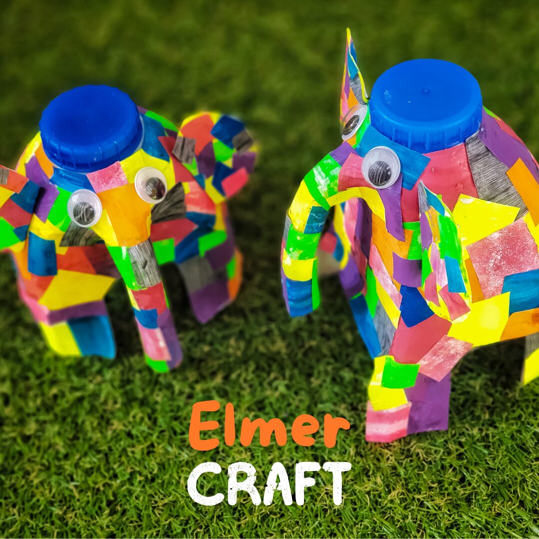 Two colourful crafted elephants based on the children's book 'Elmer'