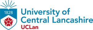 Uclan Logo in blue and red