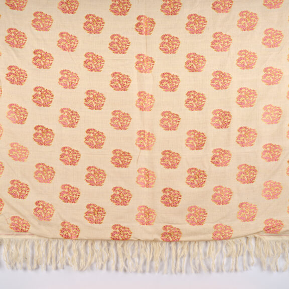 Image of a woven textile, light background with pink woven pattern