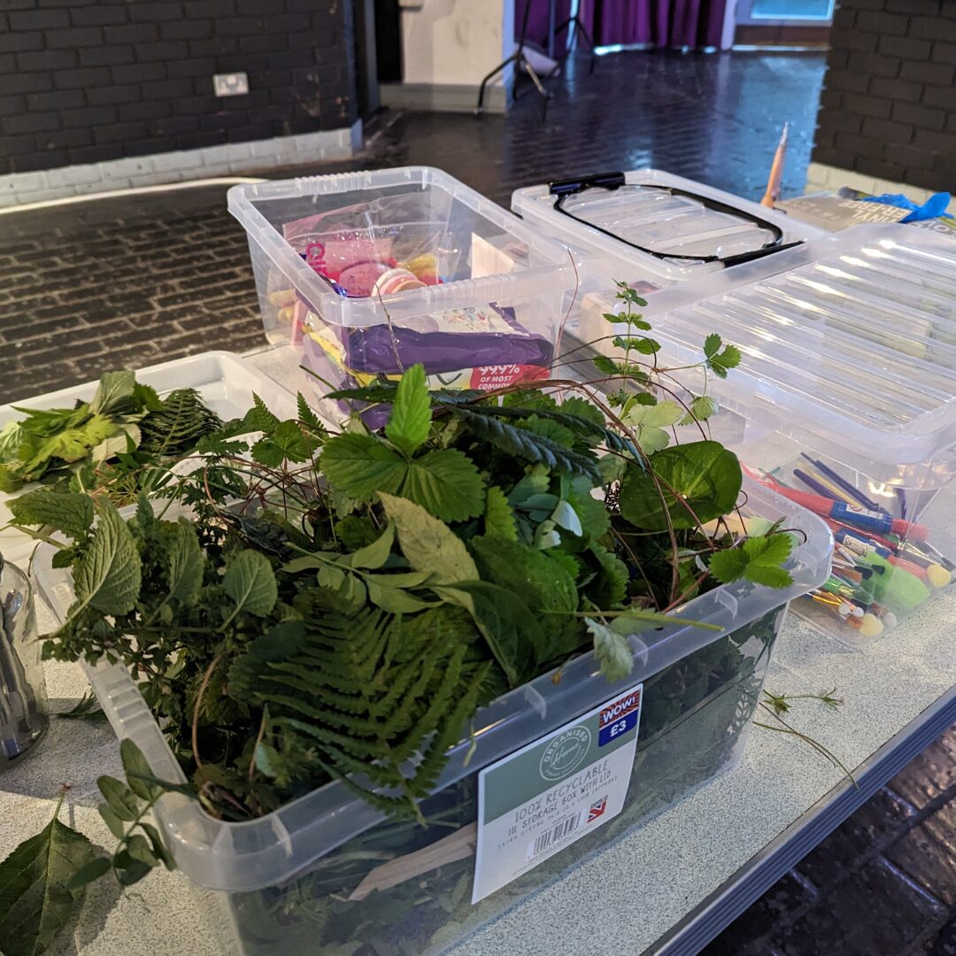 A box full of leaves and craft items.
