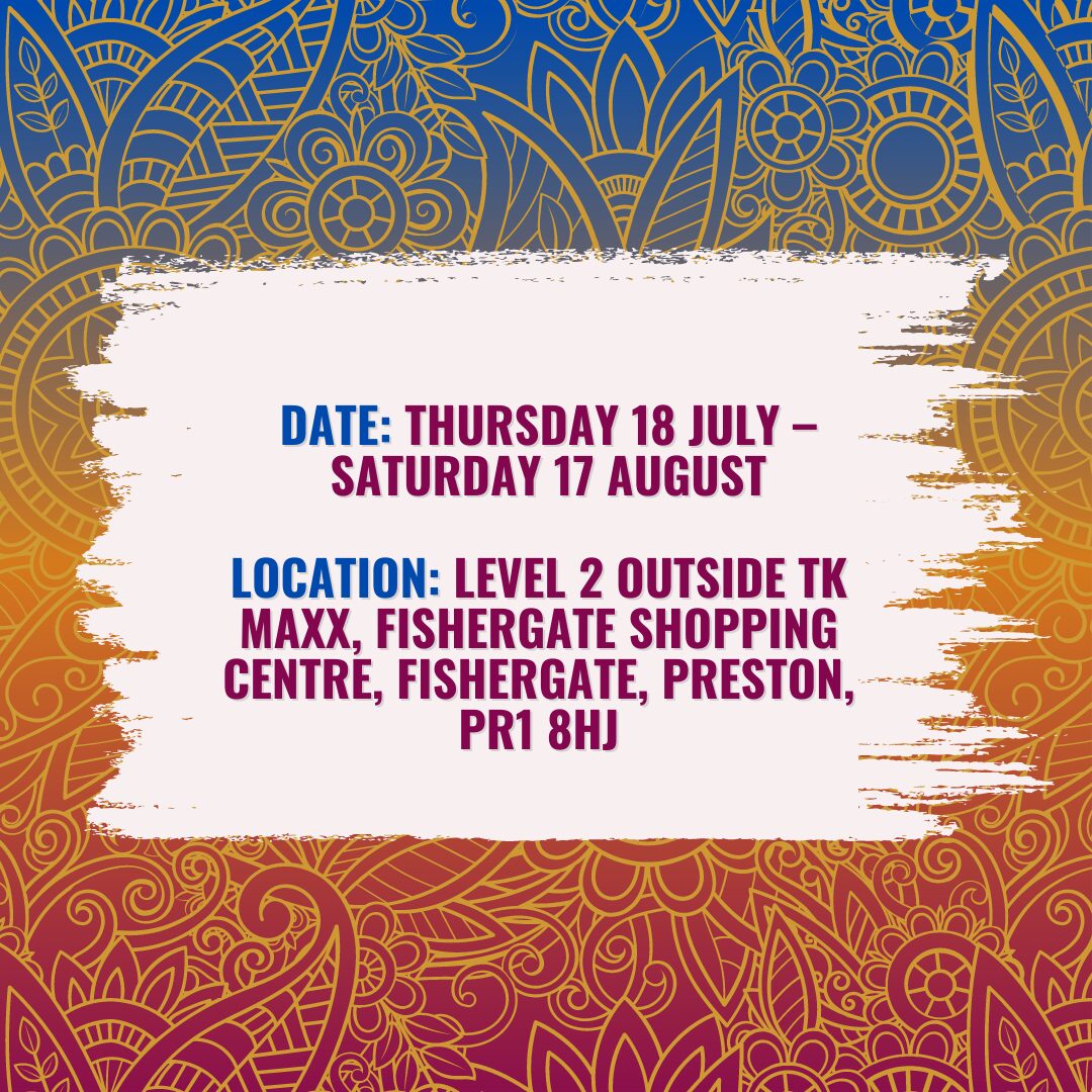 A red, orange and blue graphic featuring text and a gold mandala pattern.