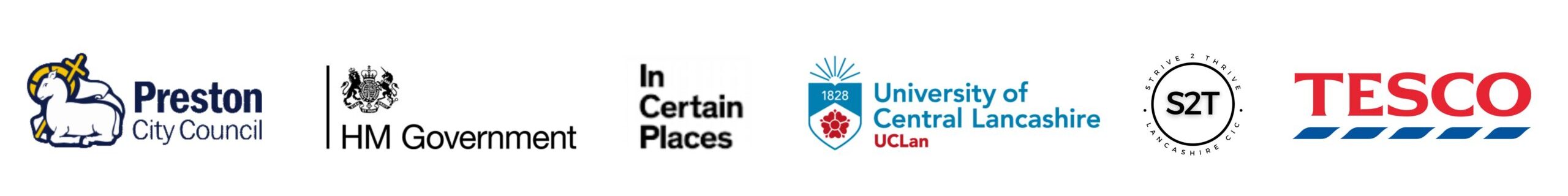Logo lock-up including MET, In Certain Places, Tesco, Strive2Thrive, UCLan and HM Govenment