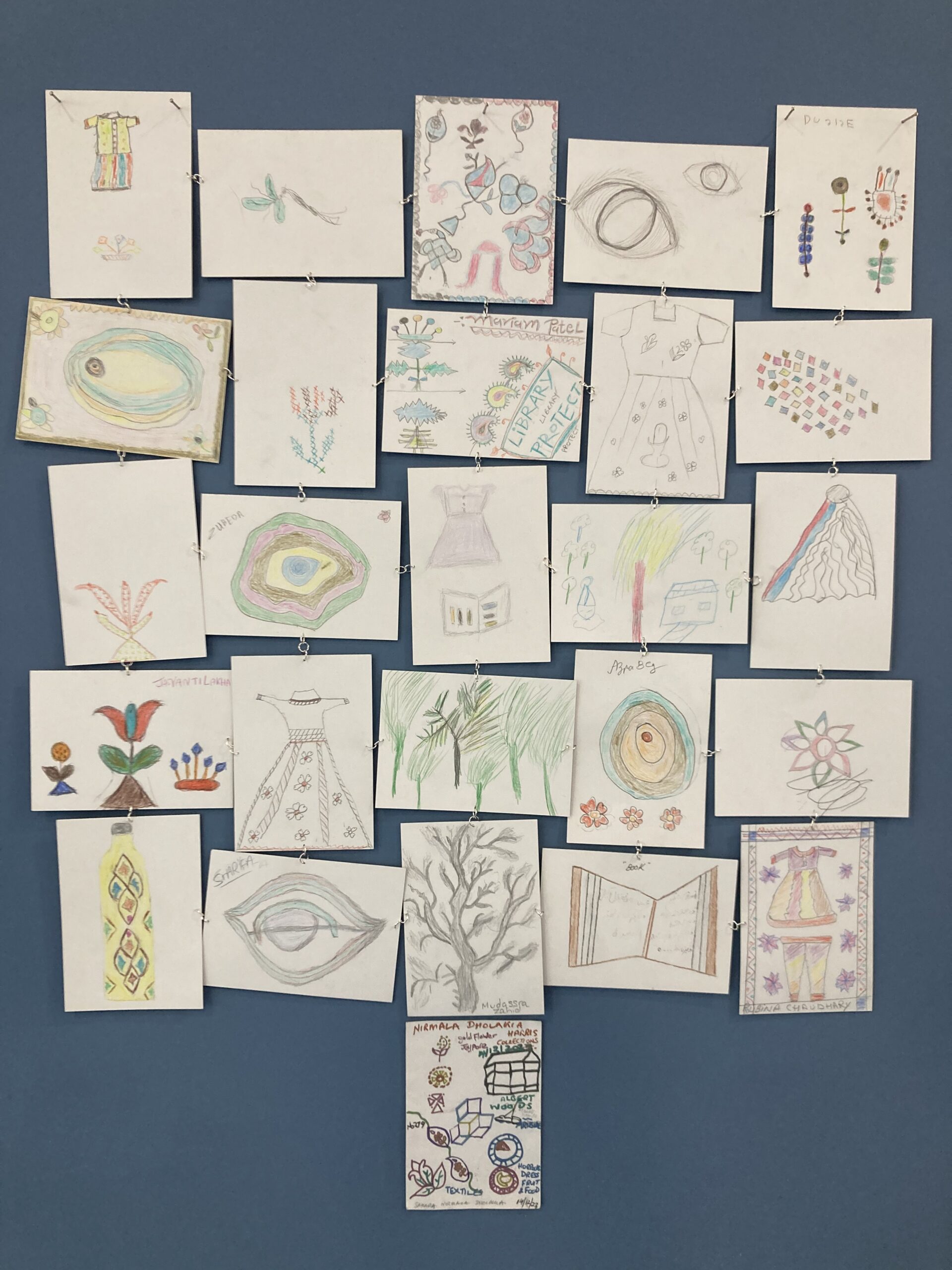 Pencil and coloured pencil drawings by Sahara’s Coffee Afternoon Group. Inspired by pieces of art, textiles and costumes from the Harris’ collection. 