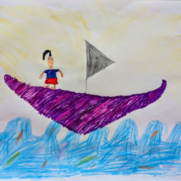 Artwork of a person stood on a boat in the sea.