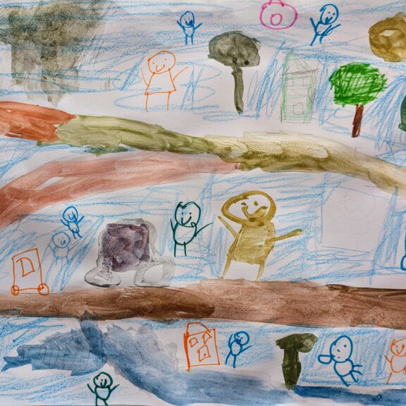 Artwork of a street scene with cars and green trees.