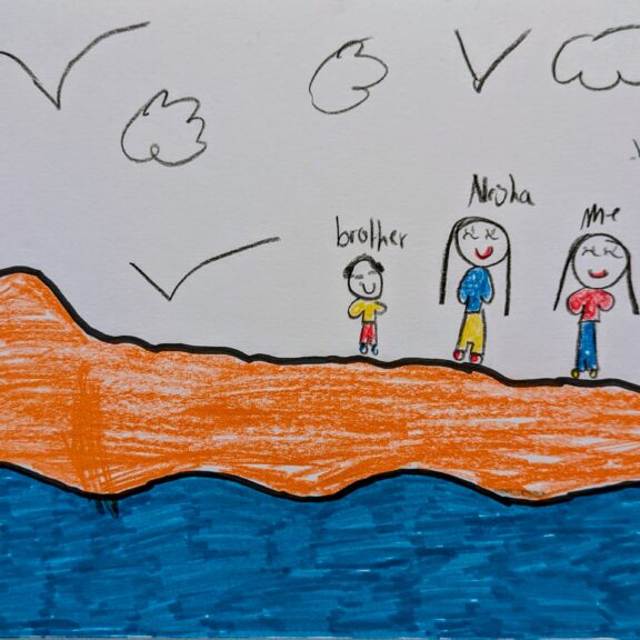 Artwork of a beach scene with a family.