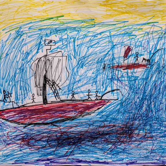 Artwork of a boat sailing on the sea.