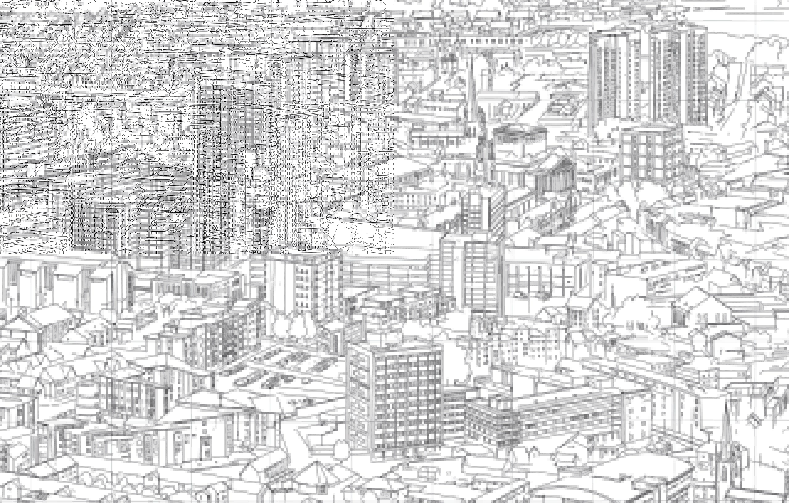 A close-up birds-eye view sketch of Preston.