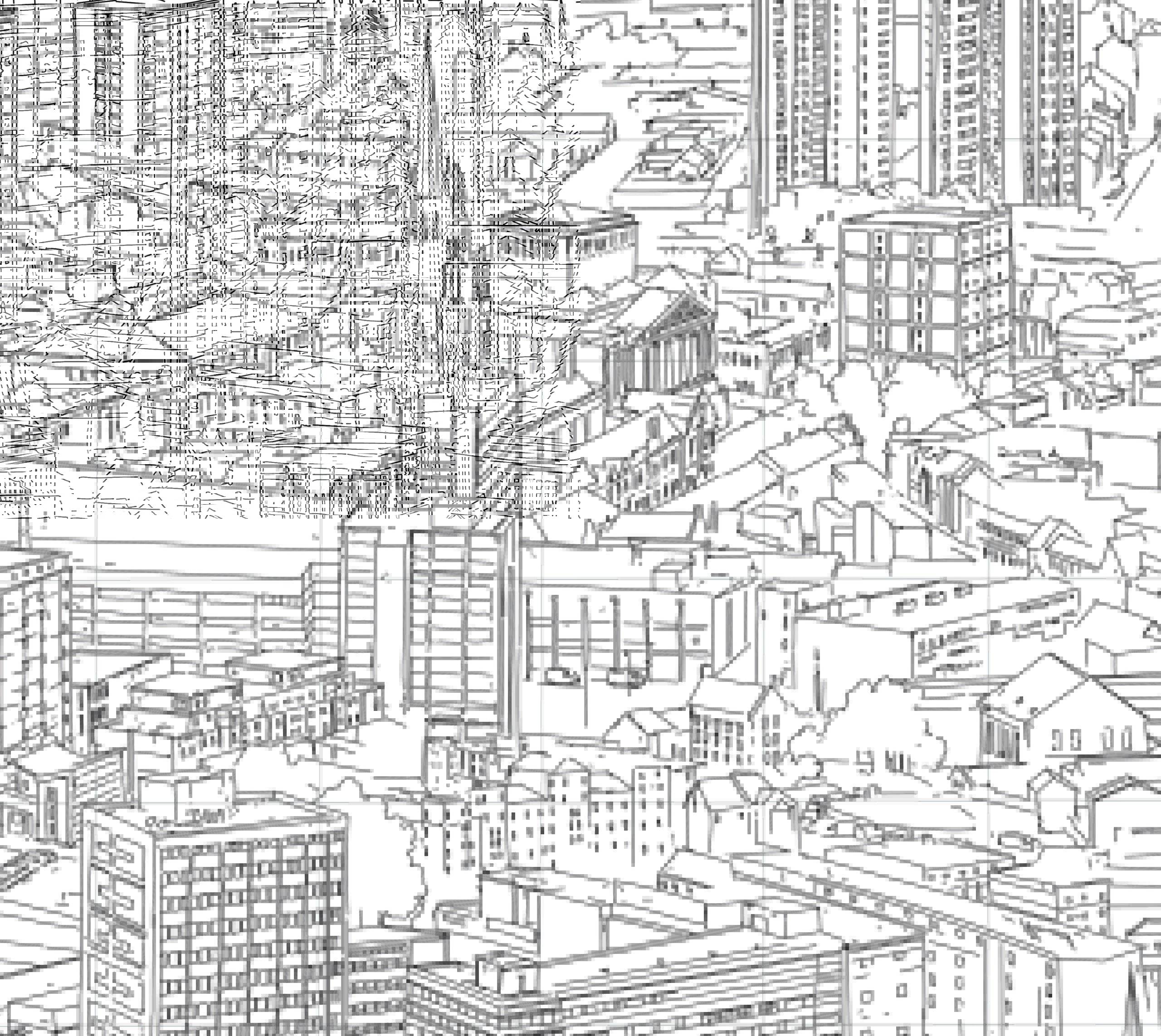 A close-up birds-eye view sketch of Preston.