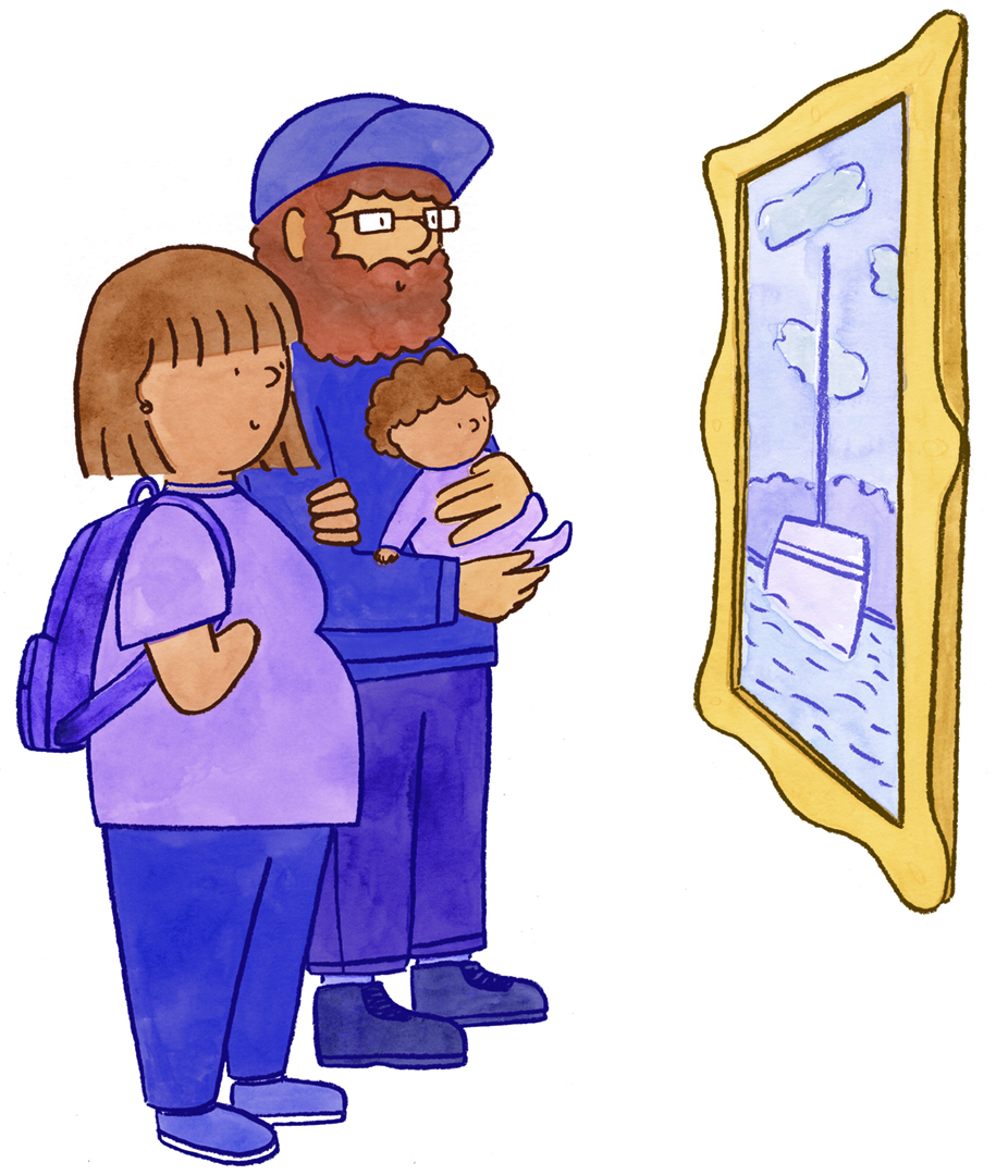 An illustration of a family looking at a painting.