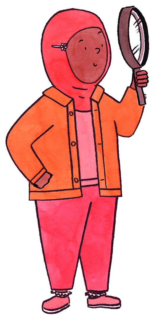 A drawing of a person holding a magnifying glass