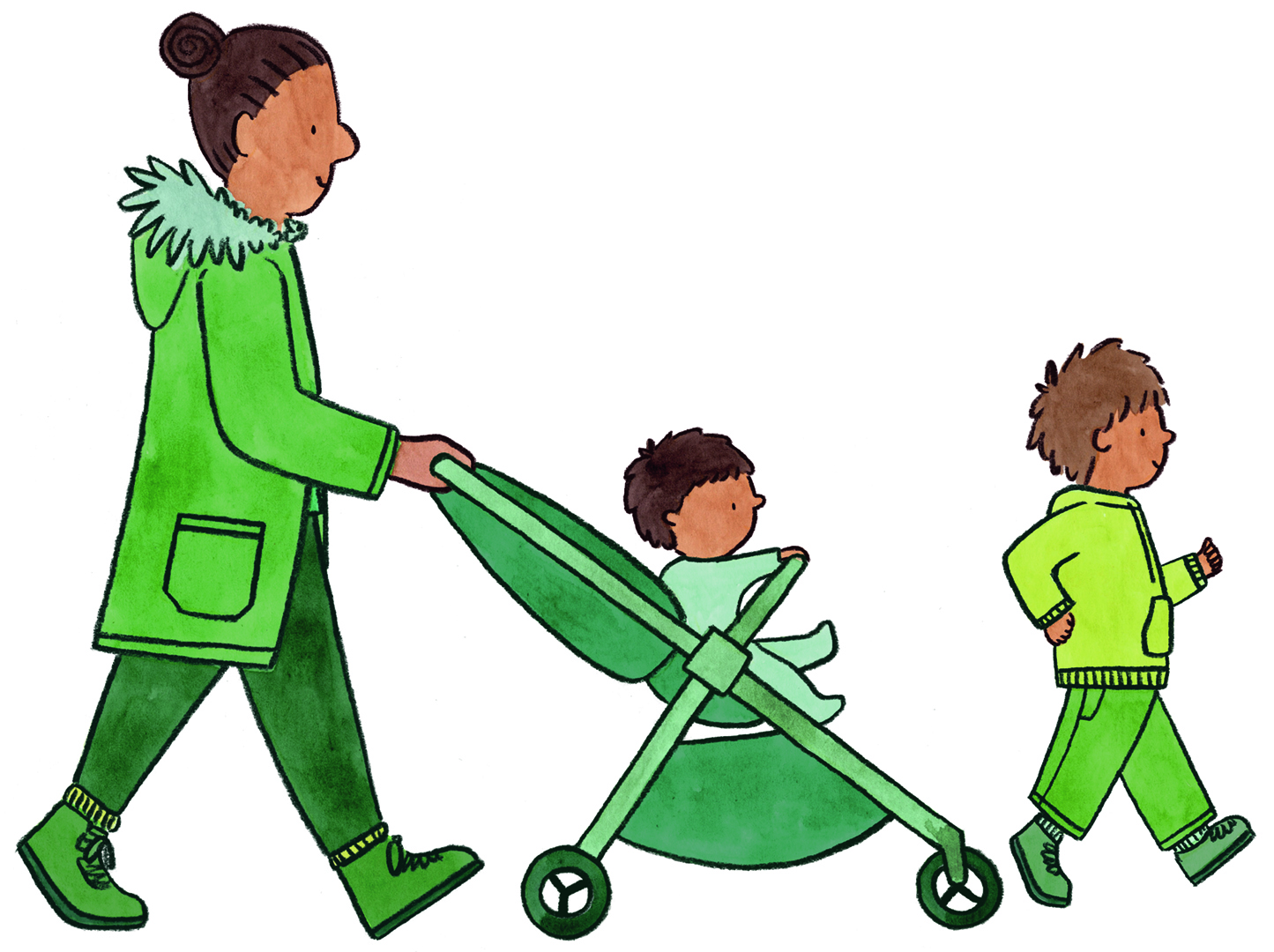 An illustration of a mother with her two children, one child is being pushed in a pram.