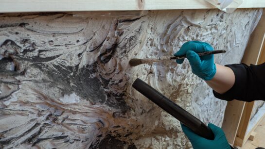 Image of a conservation specialist holding a brush on stone