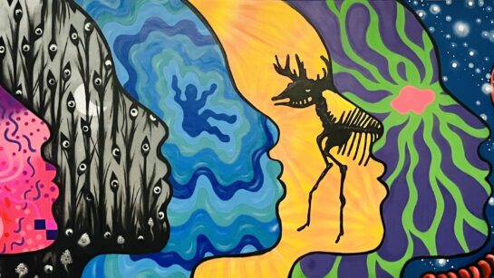 A colourful mural showing decorated side profiles of faces in a row.