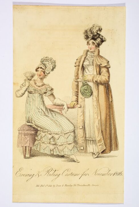 A fashion plate featuring an illustration of two women in extravagant dresses.