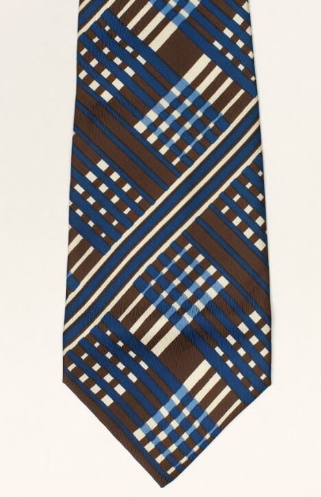 A blue, cream and brown patterned tie.